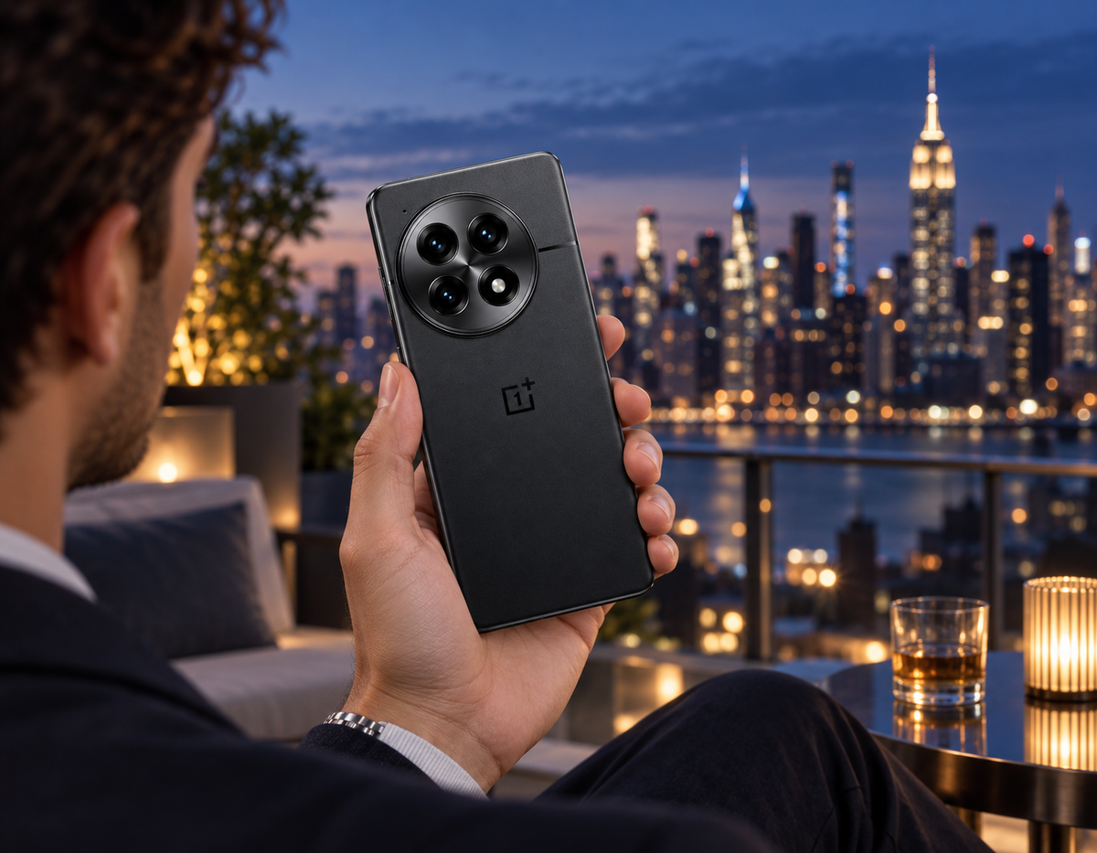 Black OnePlus 13 5G smartphone held in hand, rear triple camera visible