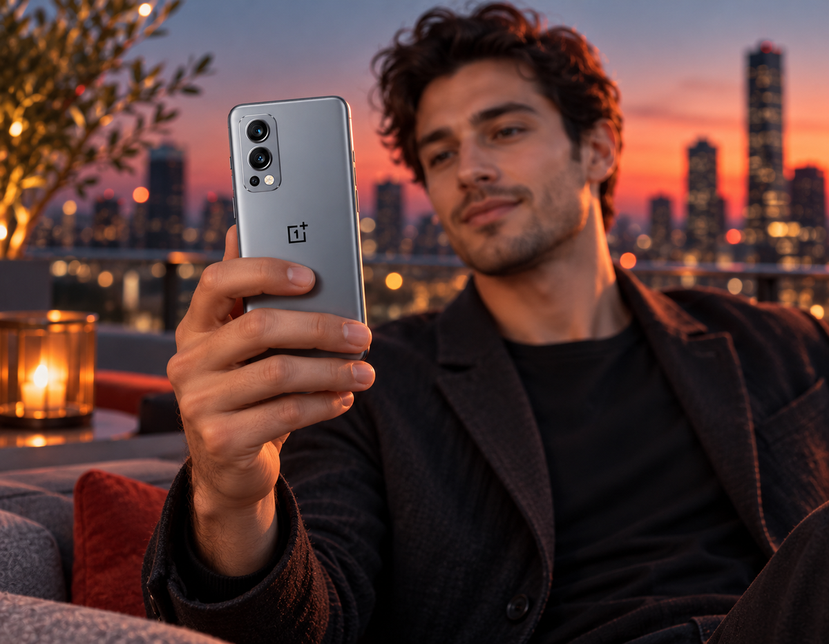 OnePlus Nord 2 5G Gray smartphone held in hand with front screen lit and dual-camera back