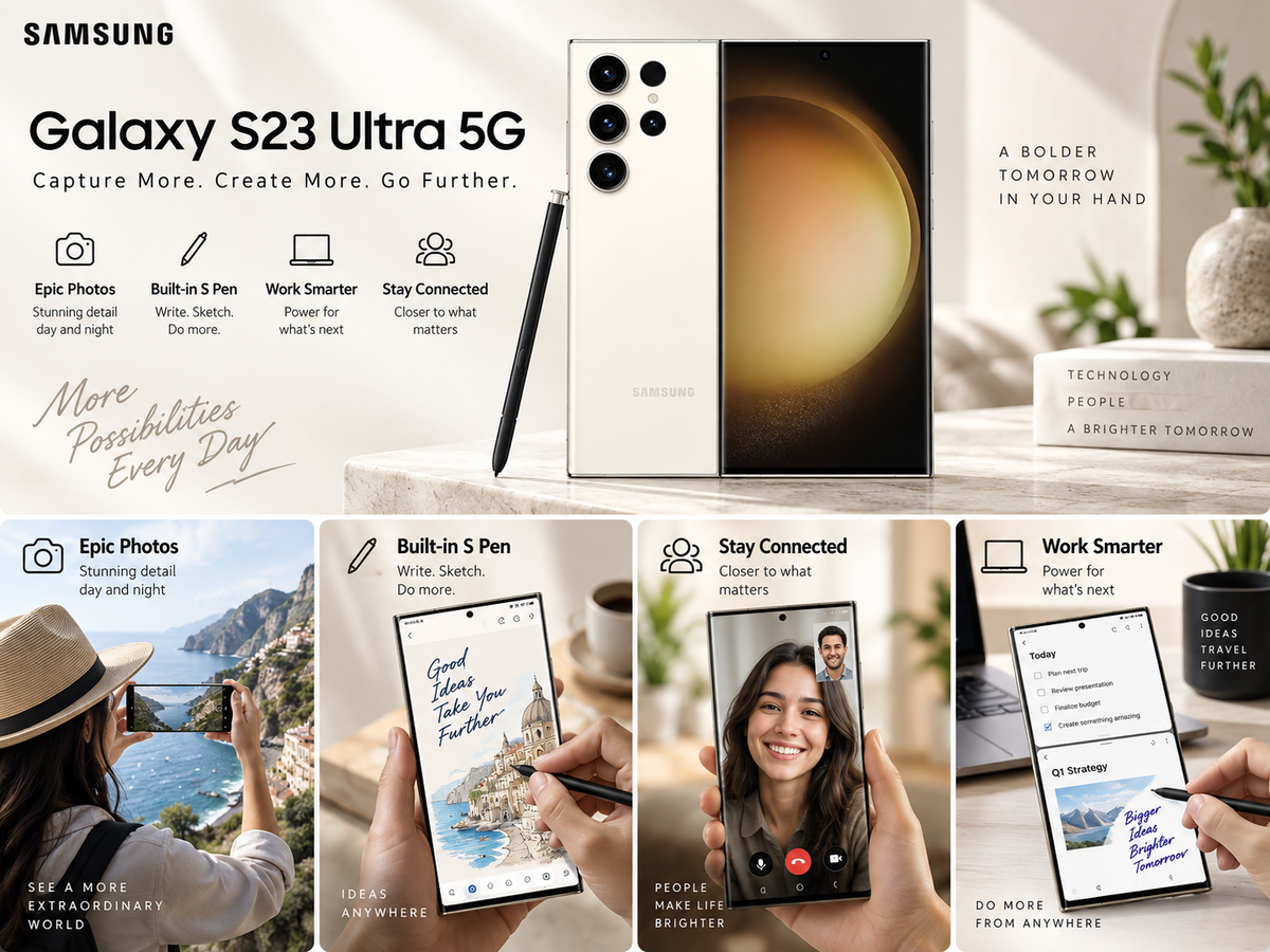 Samsung Galaxy S23 Ultra 5G Cream Samsung smartphone with S Pen and rear camera module in collage