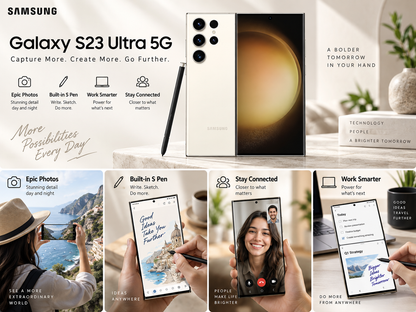 Samsung Galaxy S23 Ultra 5G Cream Samsung smartphone with S Pen and rear camera module in collage