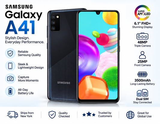 Samsung Galaxy A41 smartphone in Prism Crush Black with front display and rear camera