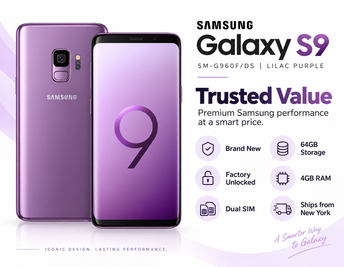 Purple Samsung Galaxy S9 smartphone with front and back, dual camera on rear