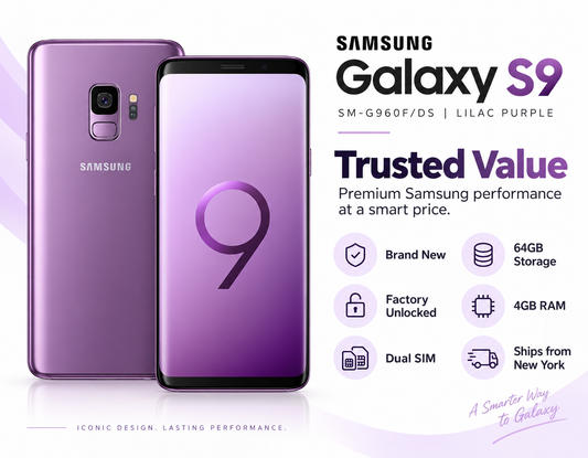 Purple Samsung Galaxy S9 smartphone with front and back, dual camera on rear