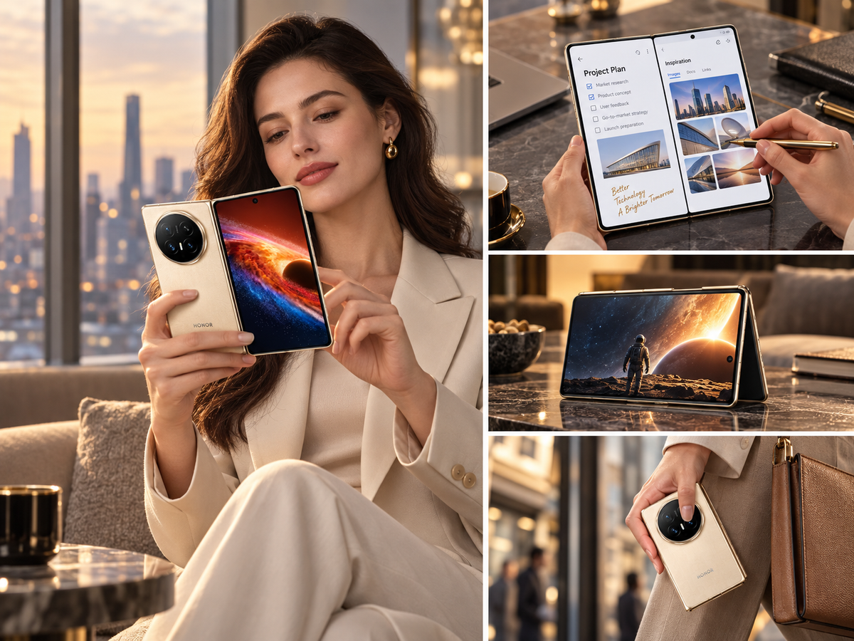 Honor Magic V6 5G Gold Honor foldable smartphone in use, woman holding it and tablet-style scene