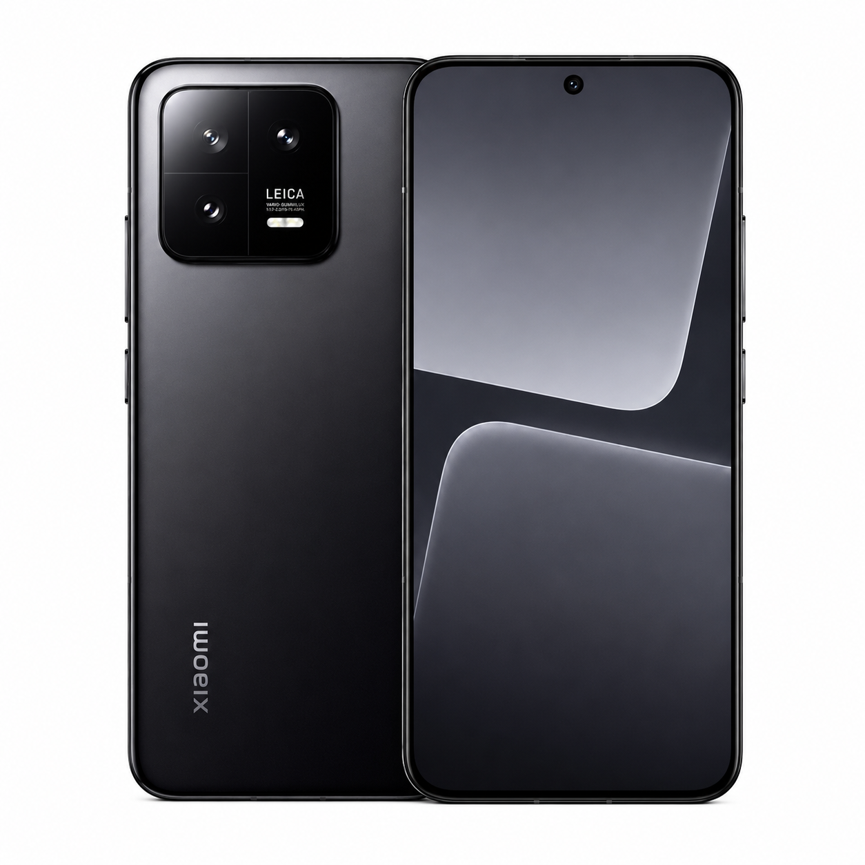 Xiaomi smartphone in black, front and back shown with dual camera module