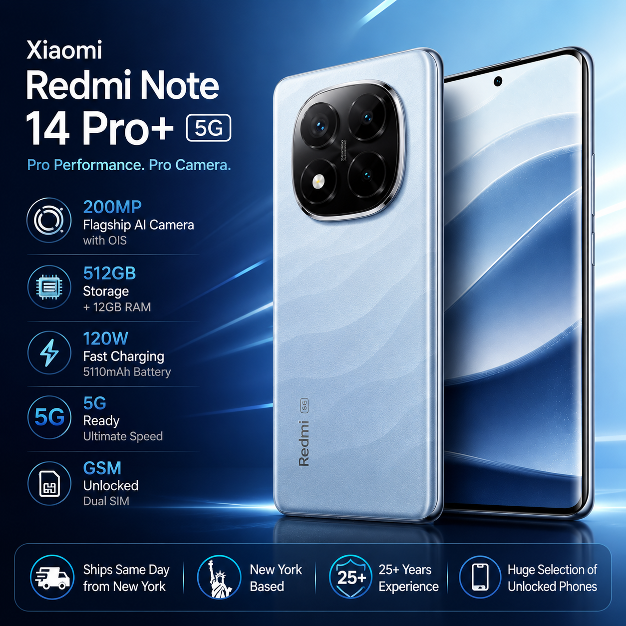 Xiaomi Redmi Note 14 Pro Plus 5G 512GB ROM 12GB RAM Dual SIM GSM Unlocked - Frost Blue