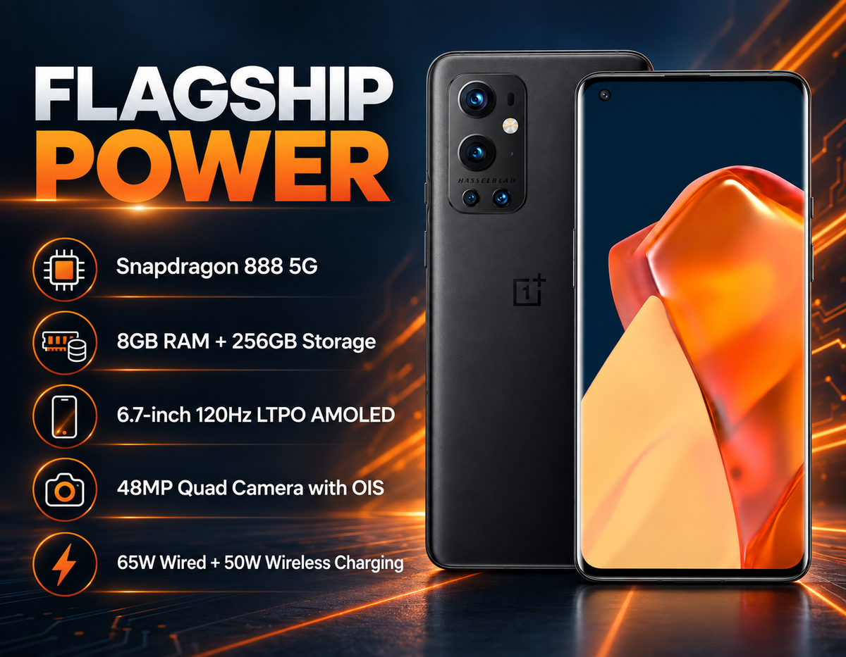 OnePlus 9 Pro smartphone in Stellar Black, front and back view on dark surface