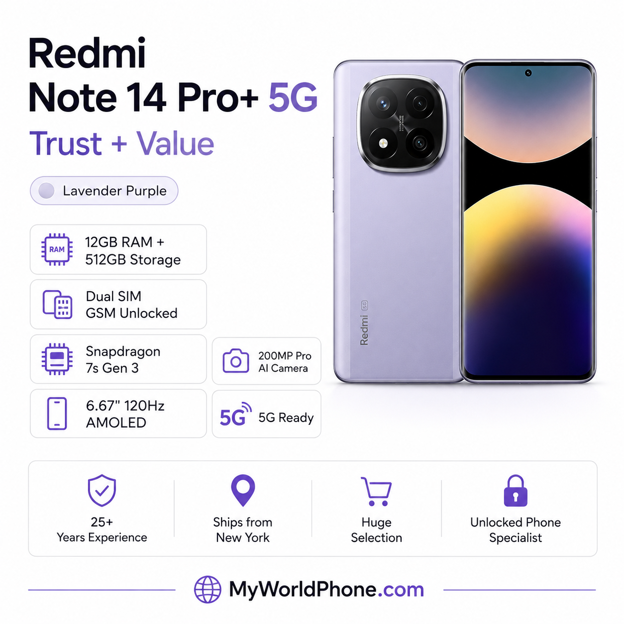 Xiaomi Redmi Note 14 Pro Plus 5G 512GB ROM 12GB RAM Dual SIM GSM Unlocked - Lavender Purple
