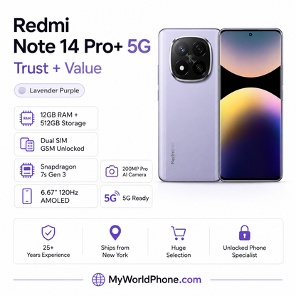 Xiaomi Redmi Note 14 Pro Plus 5G 512GB ROM 12GB RAM Dual SIM GSM Unlocked - Lavender Purple