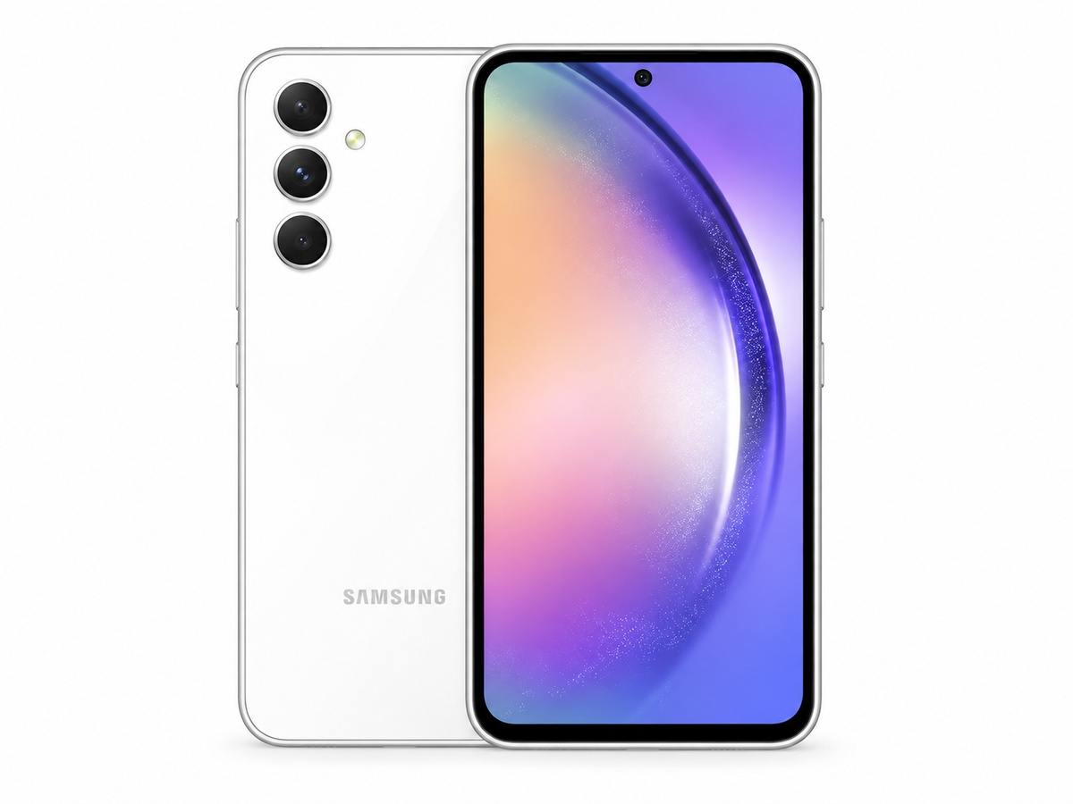 White Samsung Galaxy A54 5G smartphone with front display and rear triple cameras