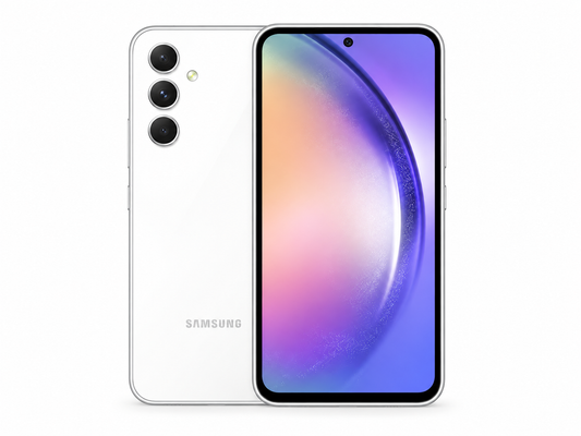 White Samsung Galaxy A54 5G smartphone with front display and rear triple cameras