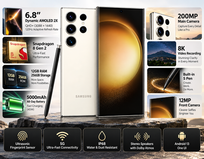 Cream Samsung Galaxy S23 Ultra 5G smartphone with S Pen, front and back on stone