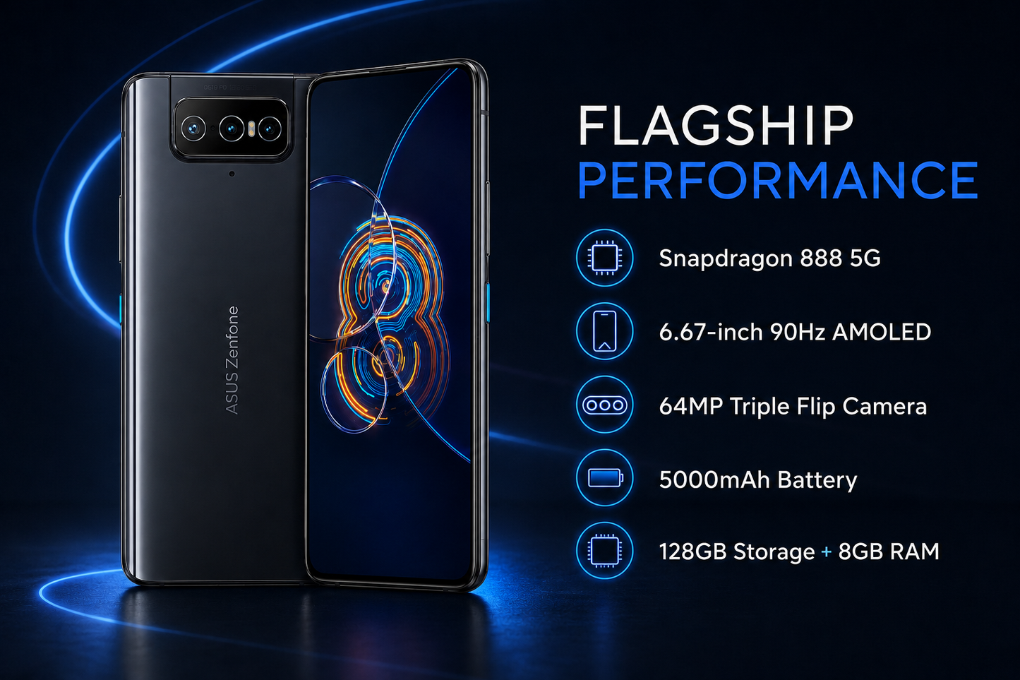 Asus Zenfone 8 Flip Black smartphone with rear triple flip camera module and front display