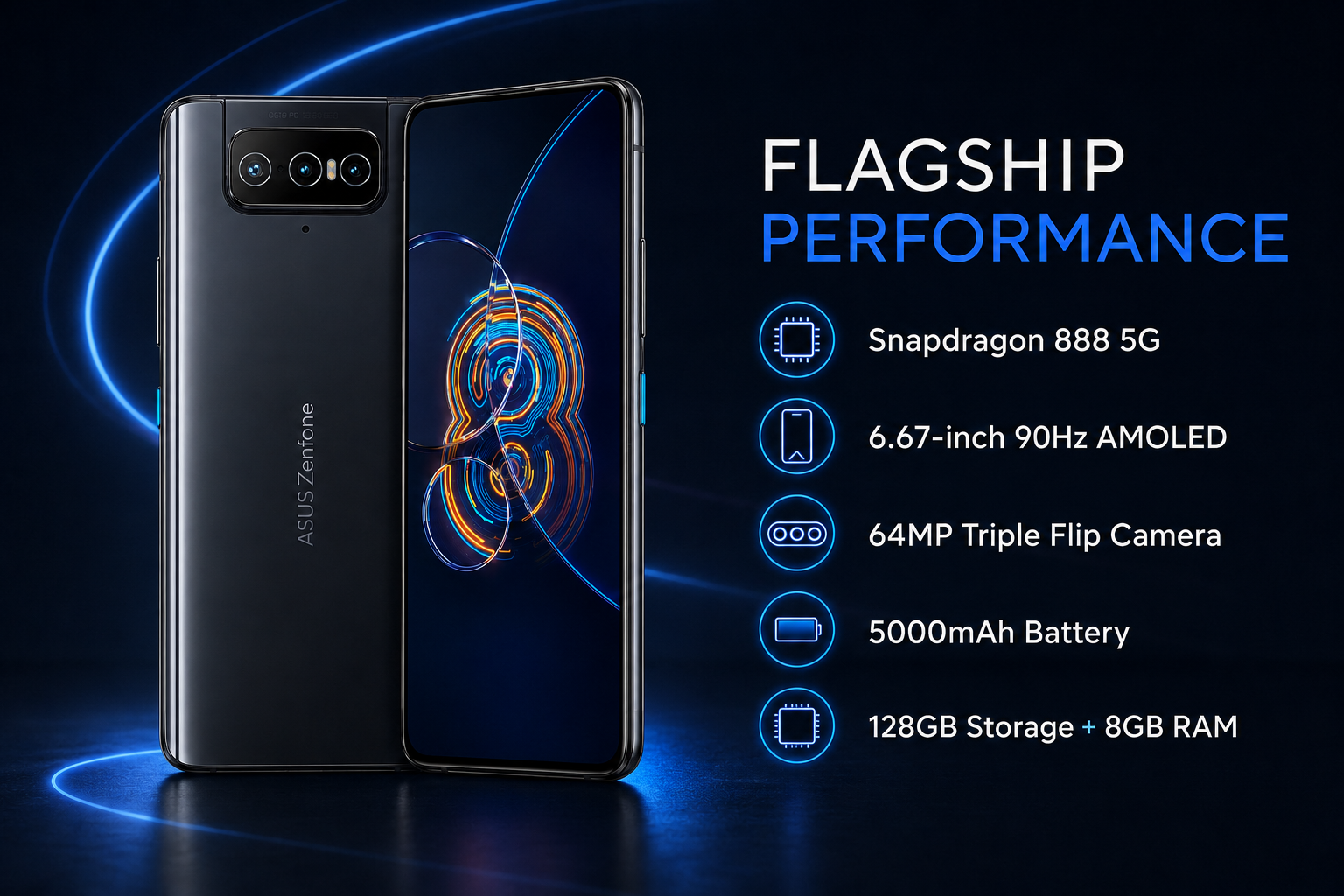 Asus Zenfone 8 Flip Black smartphone with rear triple flip camera module and front display