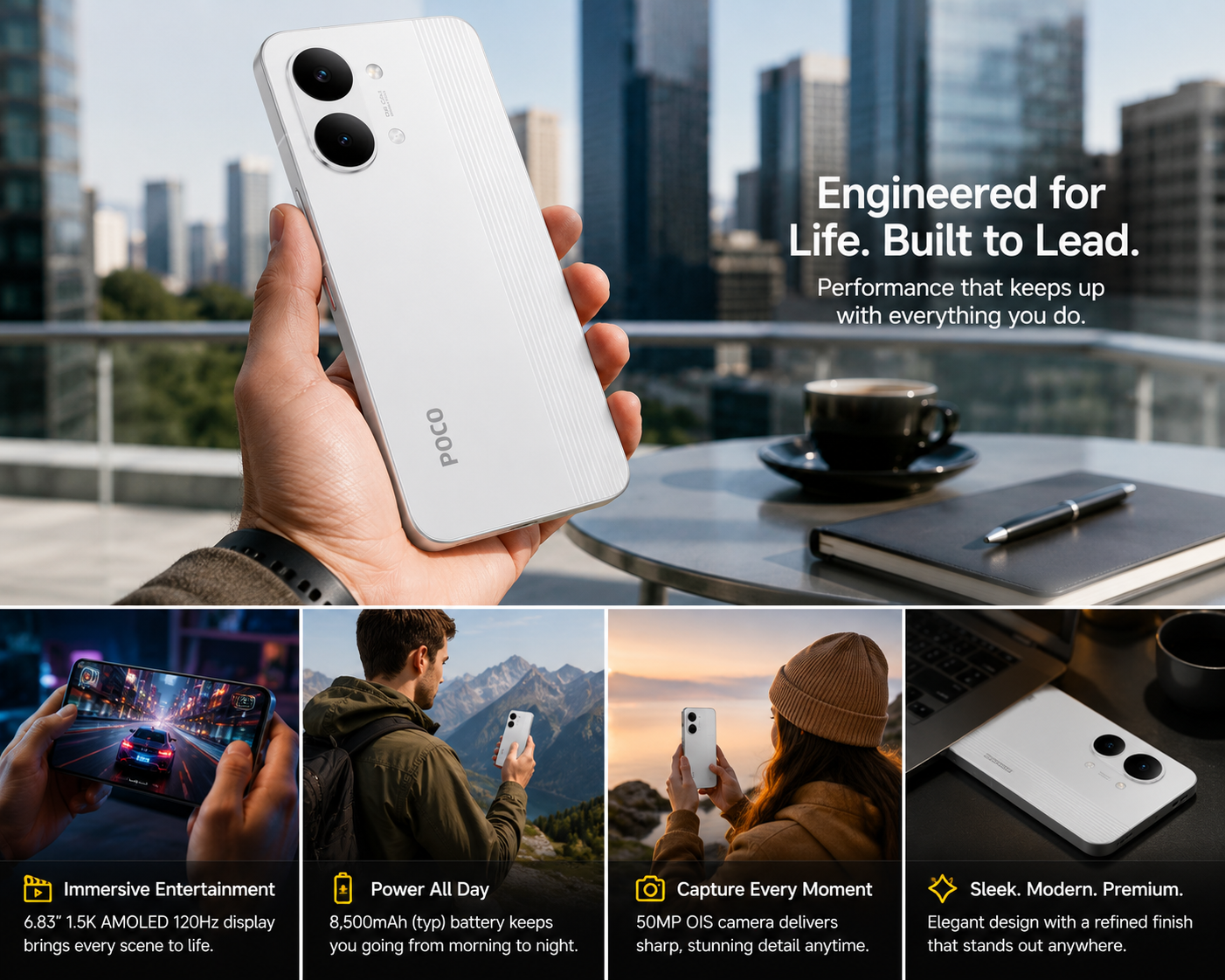 Xiaomi Poco X8 PRO MAX 5G  smartphone held in hand outdoors with city skyline in background