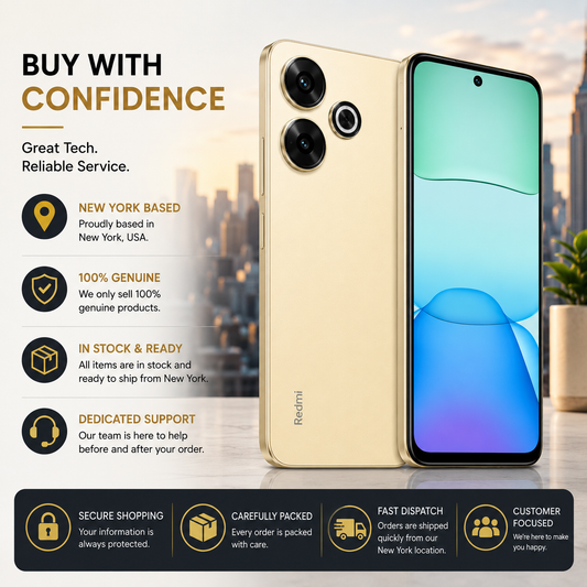 Gold smartphone with dual rear cameras and mint-to-blue front display