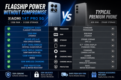 Xiaomi 14T Pro 5G Smartphone side-by-side comparison view, showing titan blue back and front