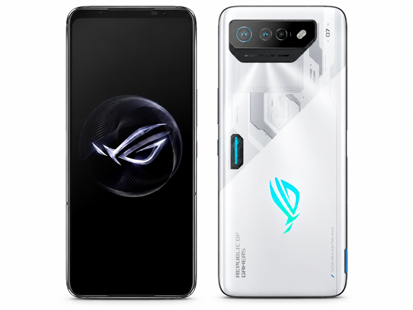 ASUS ROG Phone 7 Gaming smartphone with black front and white rear, ROG emblem, side blue light strip