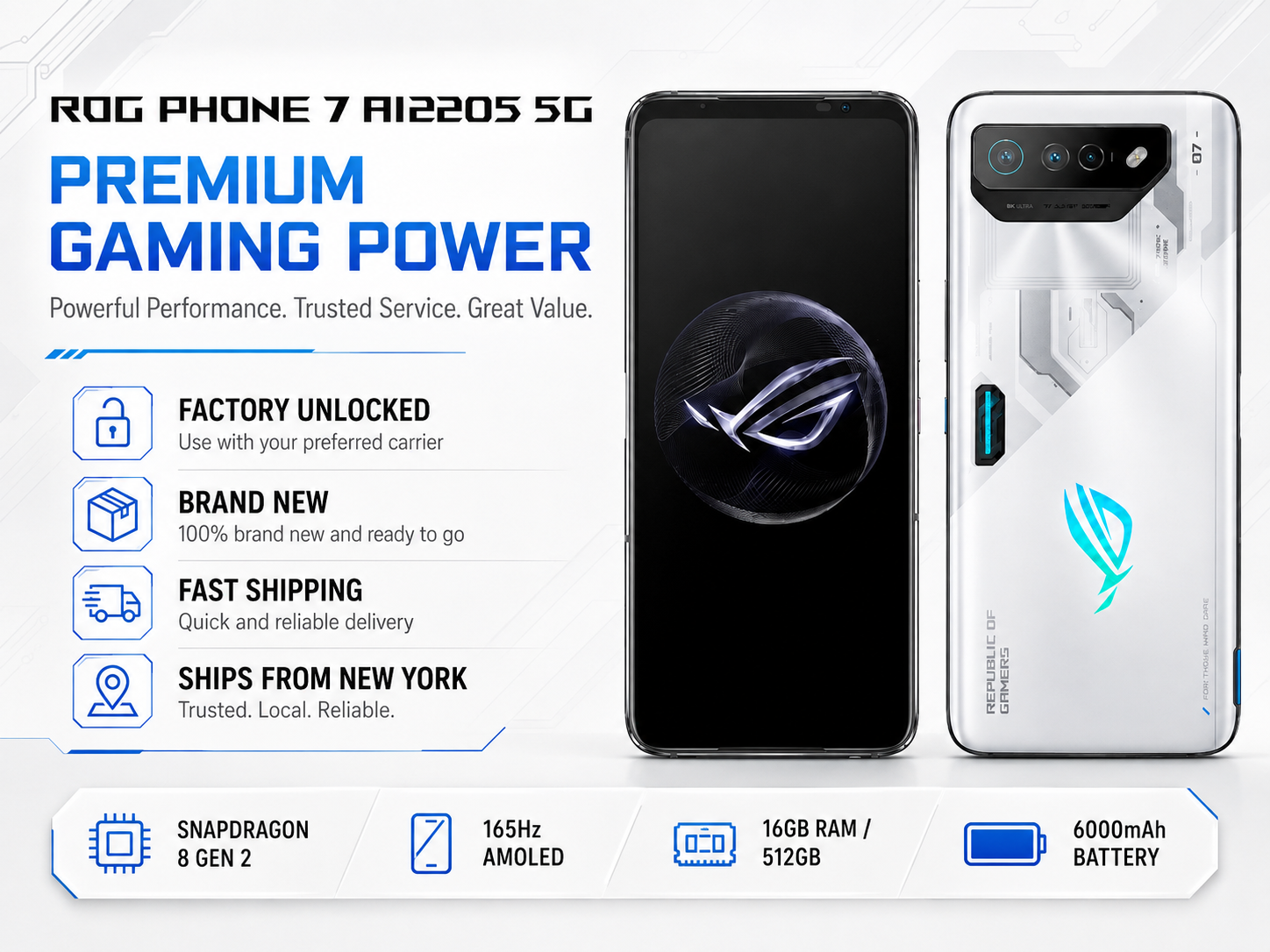 ASUS ROG Phone 7 White unlocked gaming smartphone with black front, triple rear cameras and teal ROG logo
