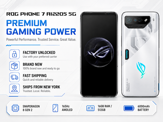 ASUS ROG Phone 7 White unlocked gaming smartphone with black front, triple rear cameras and teal ROG logo