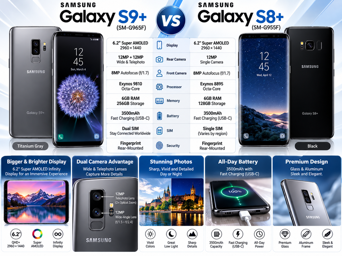 Samsung Galaxy S9+ comparison with another phone, showing front and back in titanium gray