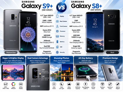 Samsung Galaxy S9+ comparison with another phone, showing front and back in titanium gray