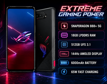 Black ASUS ROG Phone 5s with extreme gaming power highlights and front/back phones.