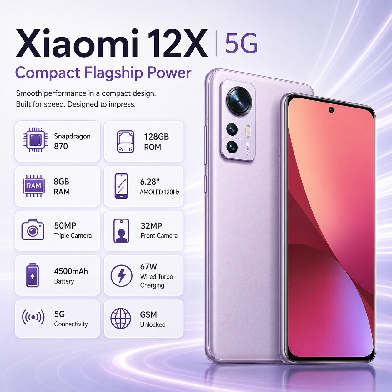 Xiaomi 12X 5G Dual SIM 128GB ROM 8GB RAM GSM Unlocked - Purple