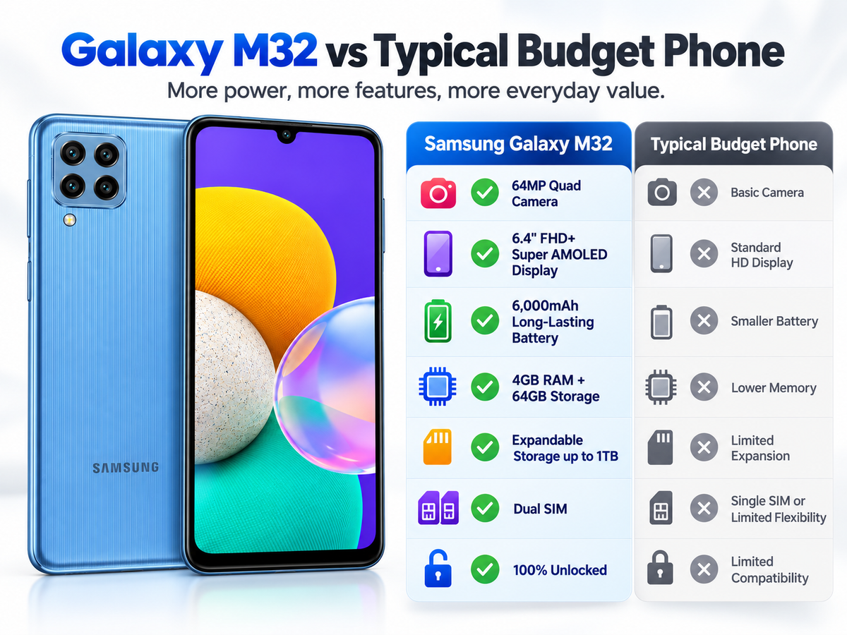 Blue Samsung Galaxy M32 smartphone front and back with quad camera array
