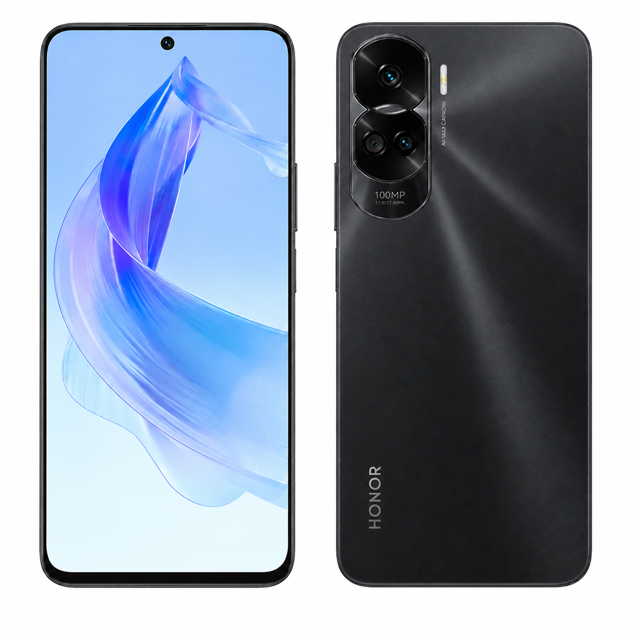Black Honor 90 Lite 5G smartphone front and rear views, rear camera module