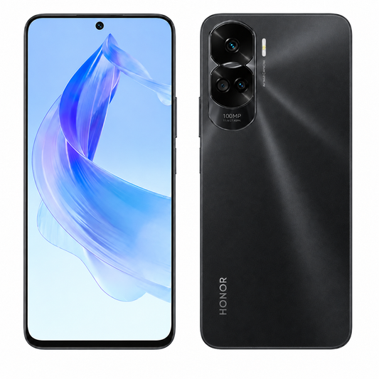 Black Honor 90 Lite 5G smartphone front and rear views, rear camera module