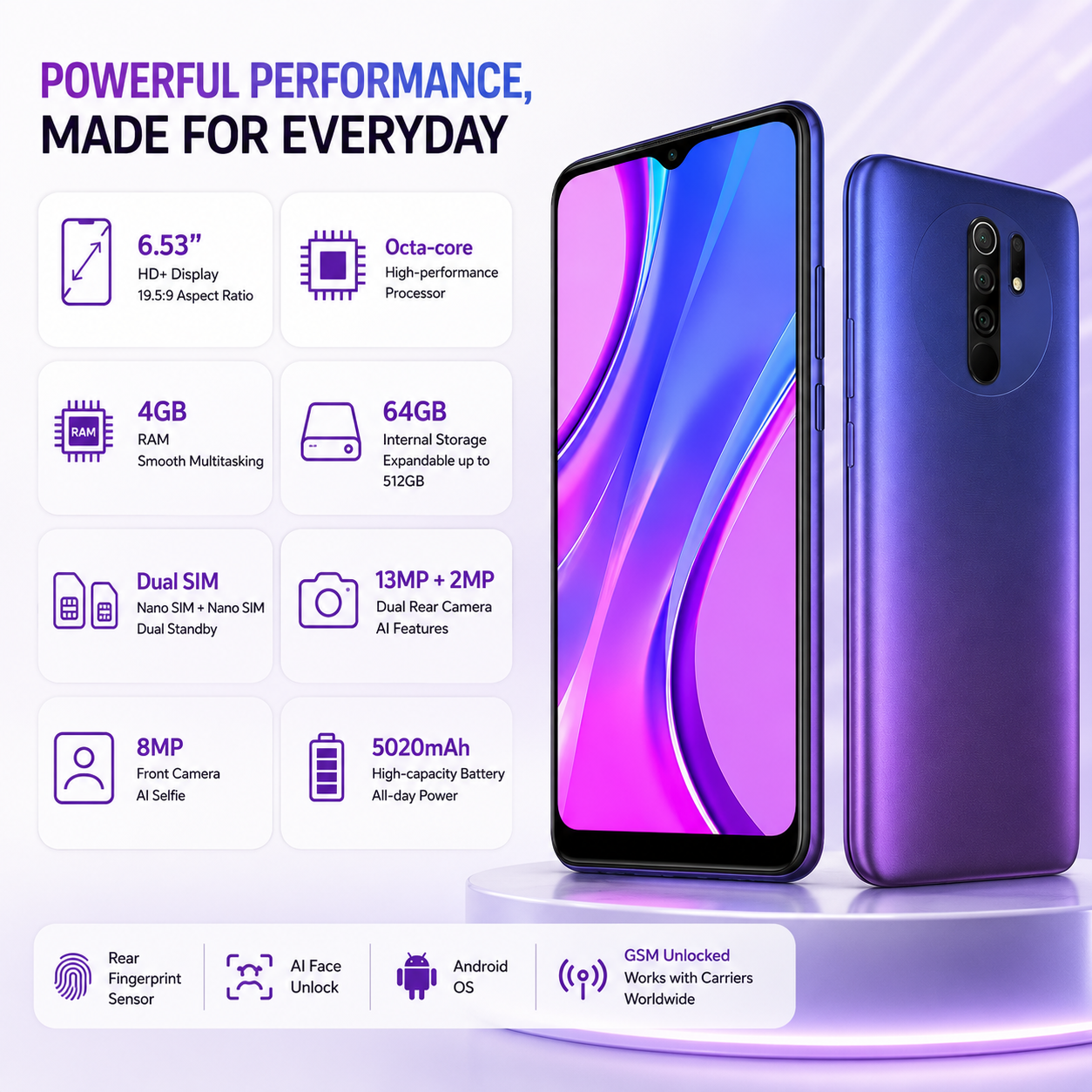 Xiaomi Redmi 9 dual SIM phone, sunset purple with side-by-side front and back
