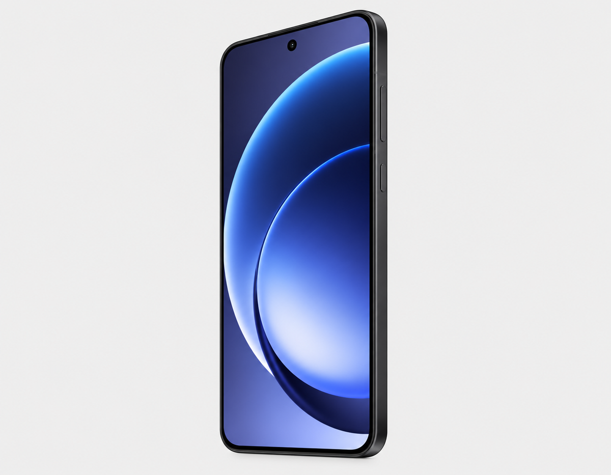 OnePlus 15R 5G Charcoal black smartphone side profile with curved blue display