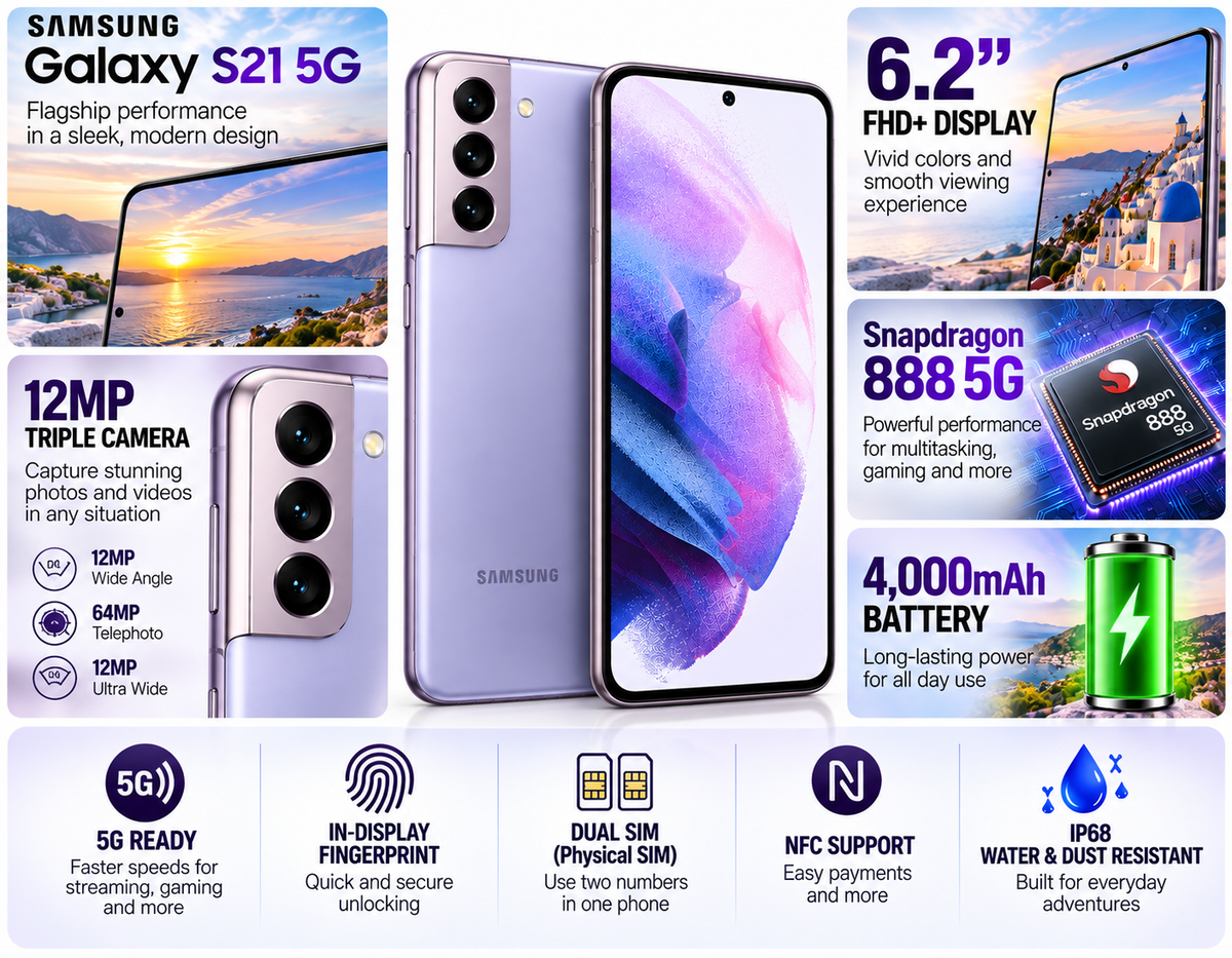 Galaxy S21 5G smartphone with phantom violet back, triple cameras, and 6.2-inch display