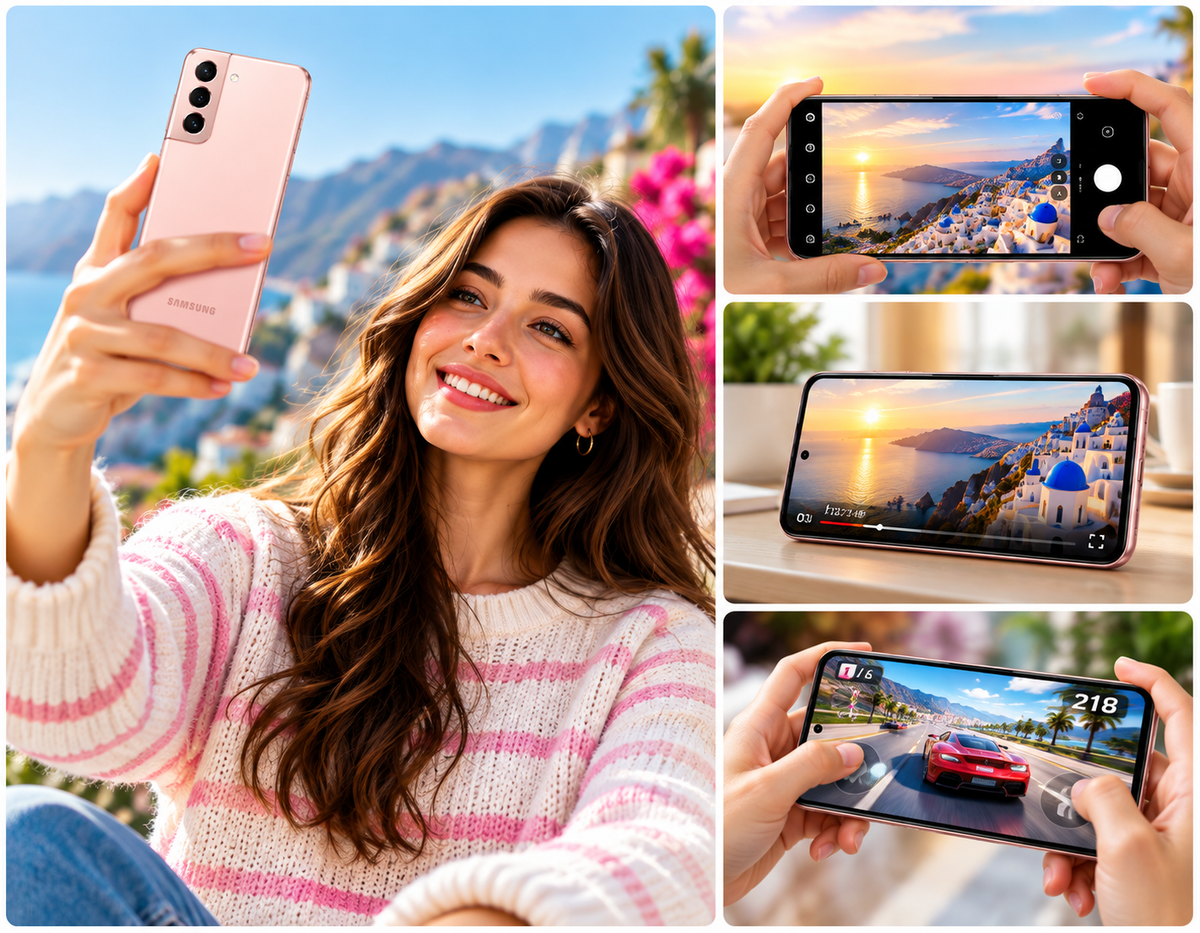 Samsung S21 5G Rose pink Samsung smartphone held by a woman, screen showing a scenic photo