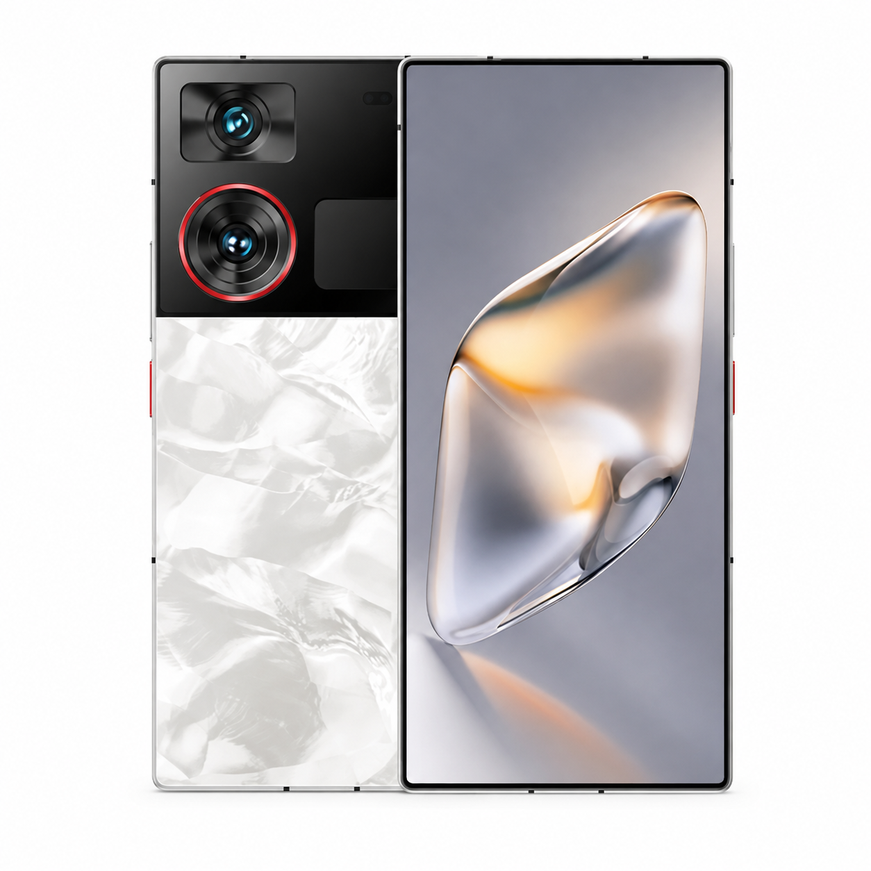 Silver smartphone front with large display and dual rear camera lenses