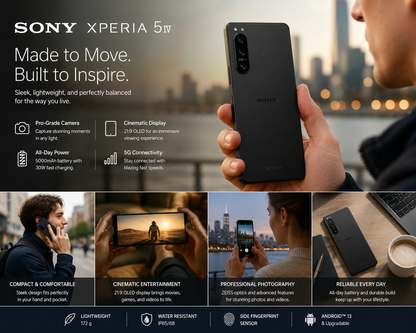 Sony Xperia 5 IV smartphone in black held in hand, rear camera side visible