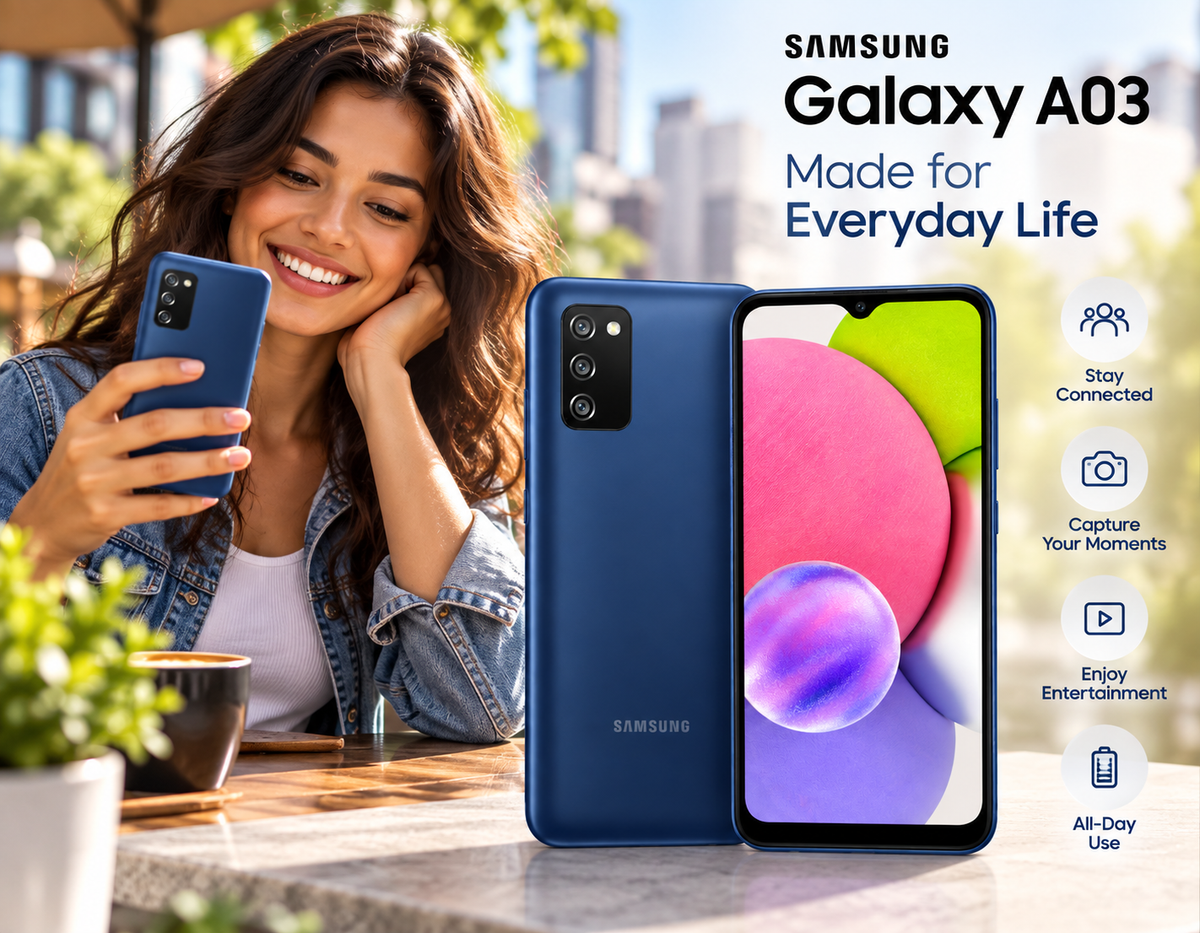 Samsung Galaxy A03S Blue smartphone in hand beside a smiling woman, front display visible