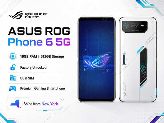 Asus ROG Phone 6 Gaming smartphone pair with white rear and black display, ports and camera detail