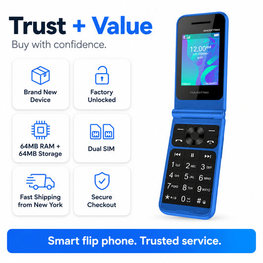Blue flip mobile phone standing upright, external keypad visible