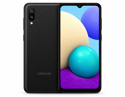 Black Samsung Galaxy A02 smartphone, front display and back panel with camera.