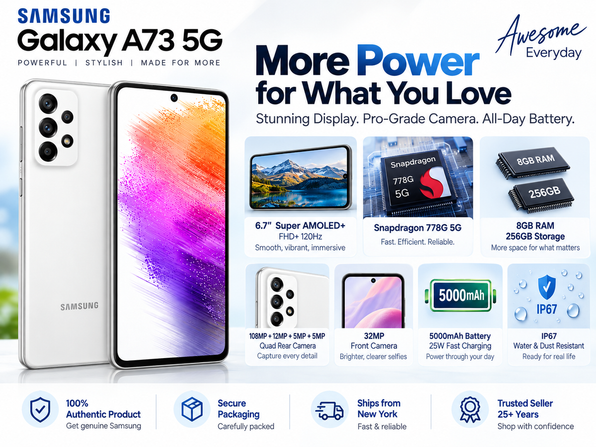 Samsung Galaxy A73 5G White Samsung smartphone front and back with colorful display and triple rear cameras