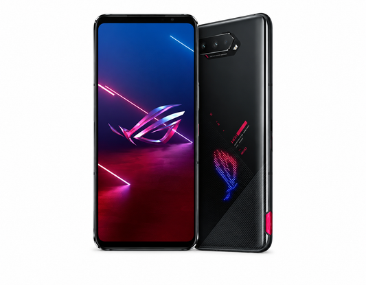 Black ASUS ROG Phone 5s smartphone, front and back views side by side.