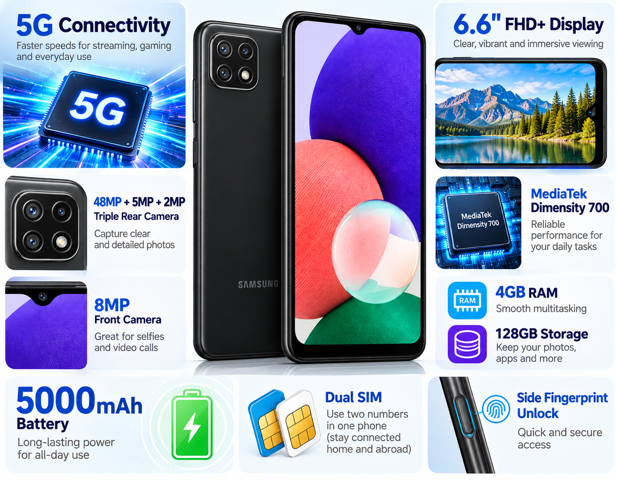 Samsung Galaxy A22 5G A226BR Dual SIM 128GB 4GB RAM GSM Unlocked Latin Version - Gray