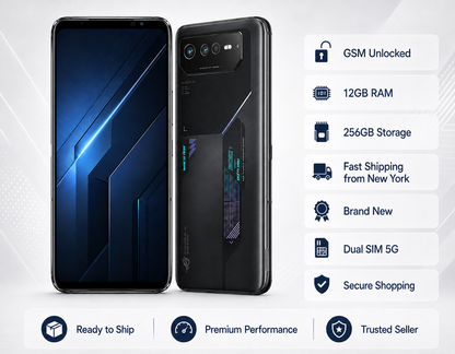 Black ASUS ROG Phone 6 smartphone with front screen and rear camera module visible.