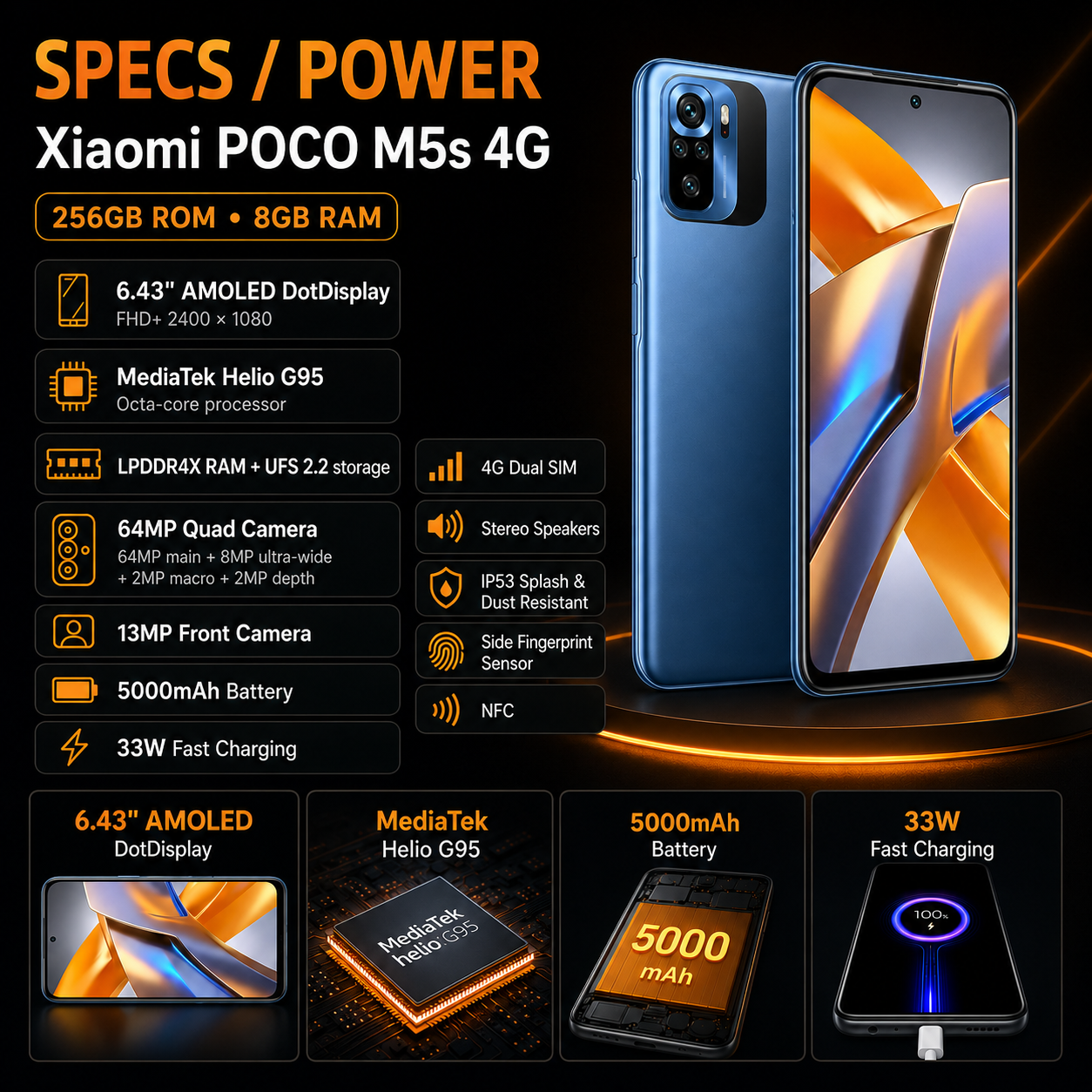 Xiaomi Poco M5s 4G 256GB ROM 8GB RAM Dual Sim GSM Unlocked - Blue
