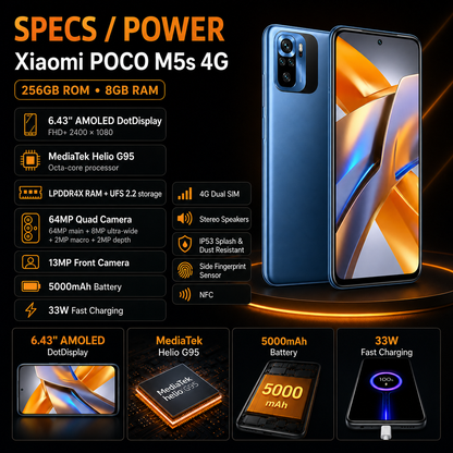 Xiaomi Poco M5s 4G 256GB ROM 8GB RAM Dual Sim GSM Unlocked - Blue