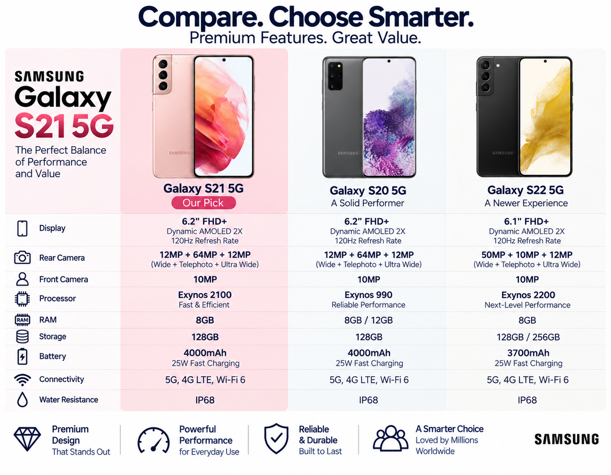 Pink Samsung Galaxy S21 5G smartphone with feature comparison callouts