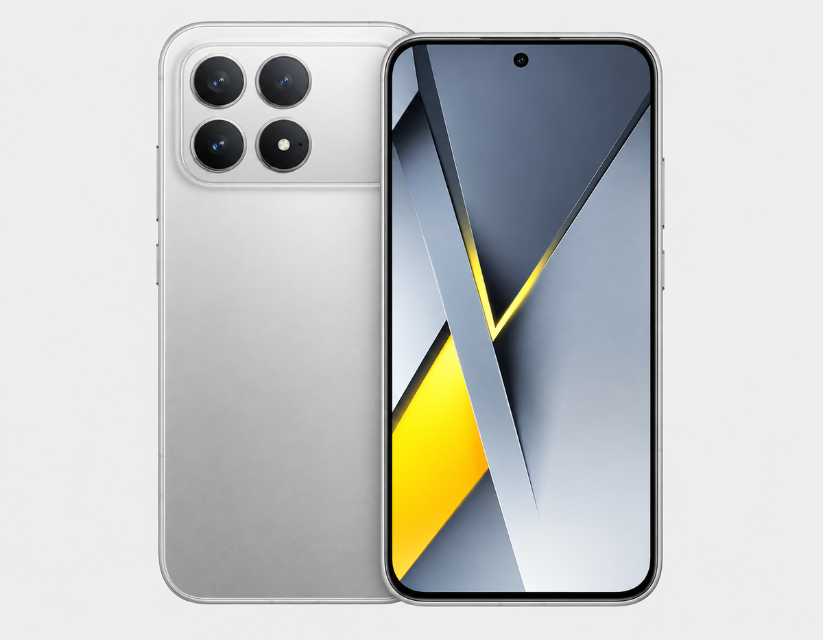 Xiaomi Poco F8 Pro 5G Silver and black smartphones side-by-side, showing back cameras and front display