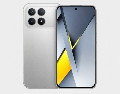 Xiaomi Poco F8 Pro 5G Silver and black smartphones side-by-side, showing back cameras and front display